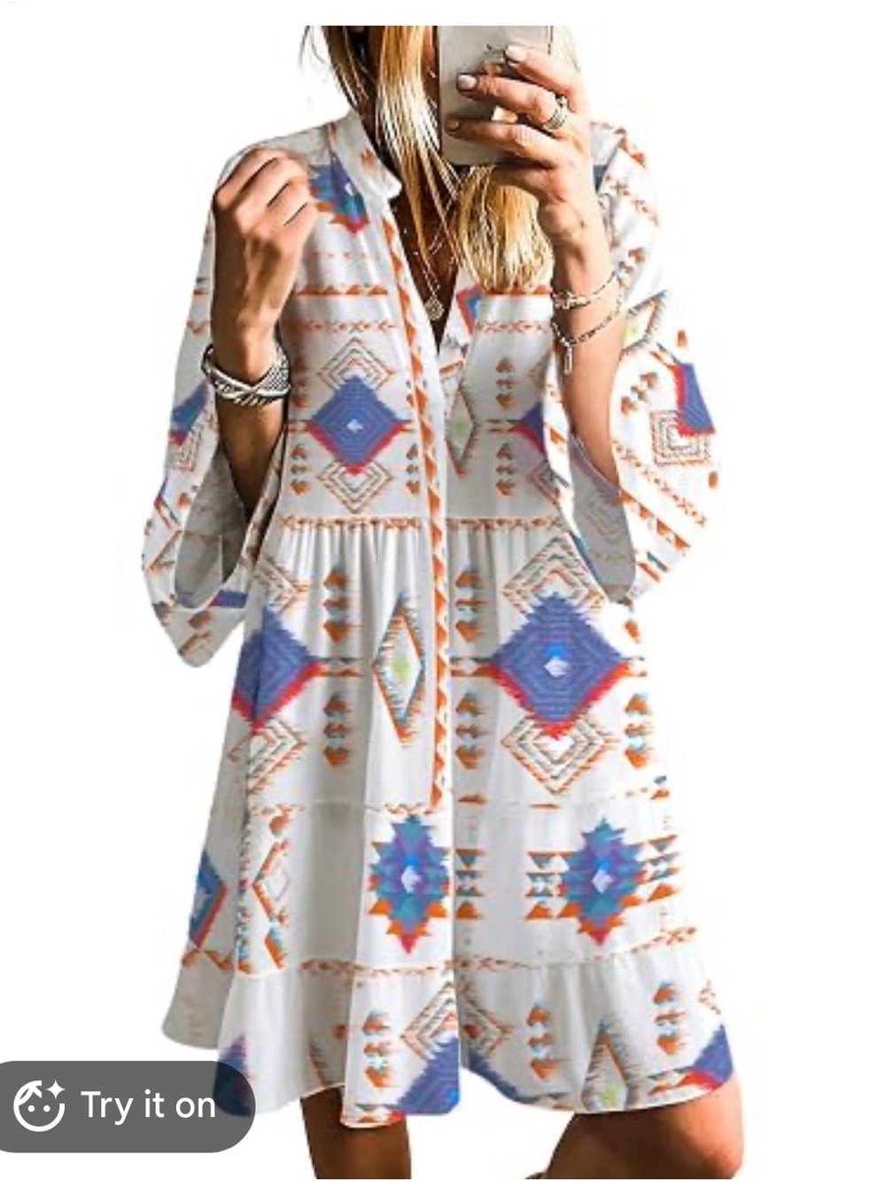White Aztec Print Mini Dress with Blue & Orange Accents